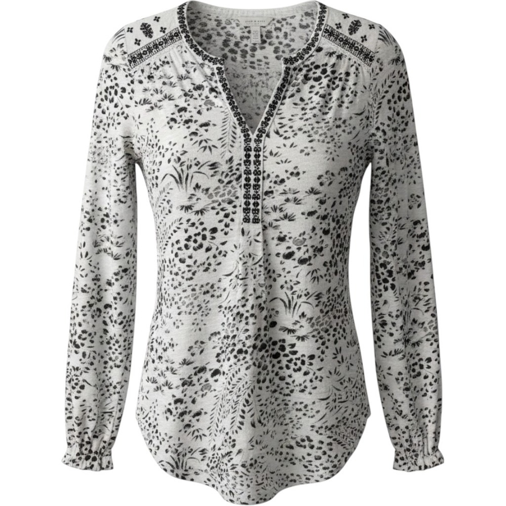 Lucky Brand Top White S Womens Floral Embroidered Long Sleeve Boho V-Neck